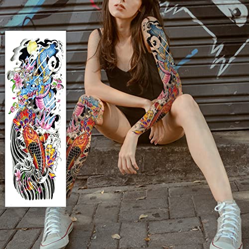 Привремена тетоважа, змеј и риба во форма на секси 3Д лажни налепници за тетоважи Екстра голема водоотпорна тетоважа, целосна рака реални