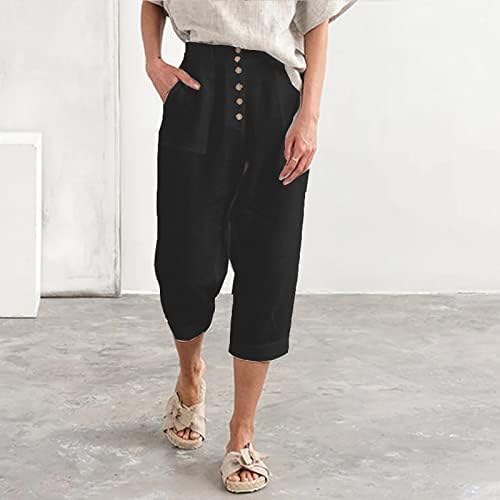 2023 година Нови памучни постелнини панталони за жени, копчиња широки нозе палацо капри со должина на работа, облечени случајни