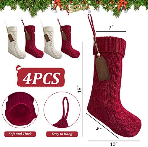 Ourwarm 4 пакет 18 Плетени Божиќни чорапи Персонализирани, големи кабелски плетени црвени Божиќни чорапи двострани со ознаки за име, камин што