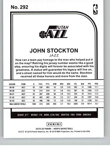 2019-20 Панини обрачи 292 Johnон Стоктон Јута џез во НБА кошарка за трговија со кошарка