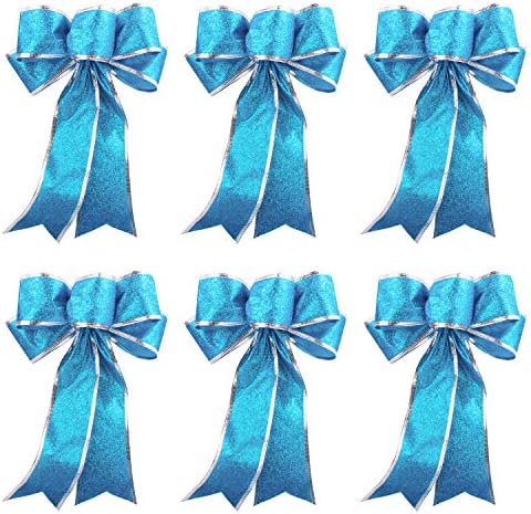 Светско езеро сино сјај Божиќно лента лак украси за венци Виндоус подароци што висат украси, 6 парчиња