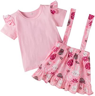 Ammengbei Toddler Бебе девојки Велигденски облеки Кратки ракави Топ+Зајак суспензија на здолниште за здолништа, целосен фустан, сет 1-6t