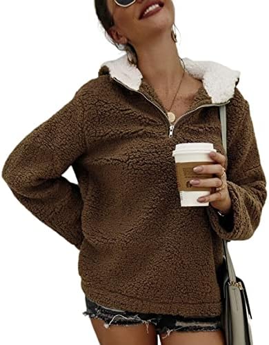 utенски четвртина од utcoco Zip Sherpa Hooded Sweatshirt Casual Loose Fit Fuzzy Fleece Houldies за жени