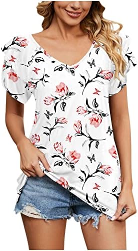 Дами Руфл Краток ракав маица летен памук памук длабок v врат, графички врвен маица за тинејџери девојки wf wf