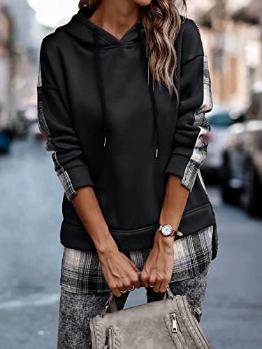 SweatyRocks женски долги ракави карирани печати качулка, случајно капно капно капка рамо, џемпер за џемпери