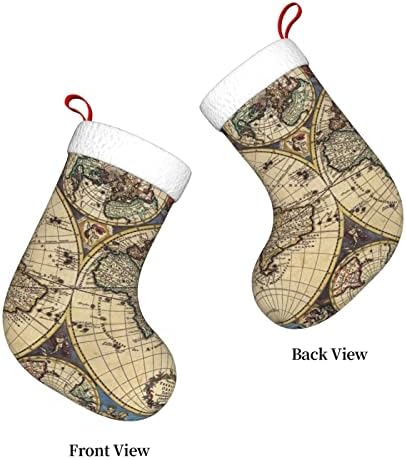 Yilequan 18 инчи Божиќни чорапи Класични чорапи, Антички мапа свет свет, за украси за семејни празници Божиќни забави