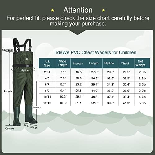Tidewe Baders Baders за деца, водоотпорни младински брадавици со закачалка за подигање, лесни трајни ПВЦ за риболов и лов