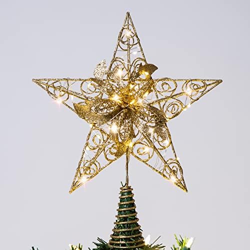 Џоидоми Божиќ Ѕвезда Дрво Топери СО LED Светла, Златна Ѕвезда &засилувач; Цвет Дрво Осветлена Врвот Со Топла БЕЛА LED Светла За Новогодишна