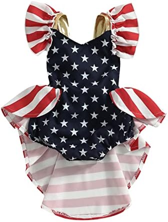 Неизвесно бебе девојче 4 -ти јули Облека за новороденчиња Денот на новороденчињата, ромпер starвезда Американско знаме меур со глава