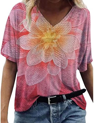 Летна есенска блуза жена со краток ракав облека мода памук против вратот графички лабав фит бранч за девојчиња 3H 3H