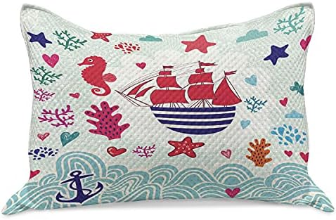 Амбесон океан плетен ватенка перница, поморска тема едриличарски брод сидро морски коњи и илустрација на морската starвезда,