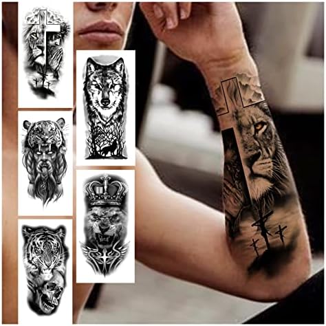 Берисун привремени тетоважи 6 парчиња крст лав привремена тетоважа за жени мажи возрасни череп тигар волк шума налепница црна реална демон