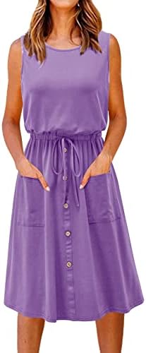 ТИФЗАДИЈАО летен резервоар фустан за жени случајна без ракави вратоврска миди фустан цврсто лабаво копче за здолниште со здолниште