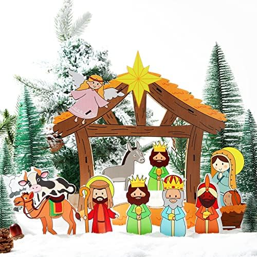 12 парчиња дрвени природности поставени Божиќ Исус јасли за народеност Сцена Сцена на табели со украс за затворен домот, таблета, декор на