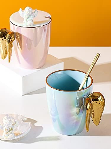 Мозакона керамичка кригла Олеснување на ангелско крило кафе чаша со капак и лажица