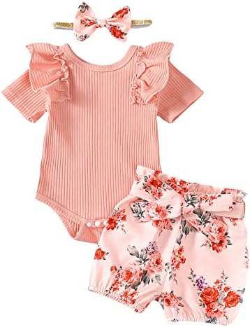 Облека за девојчиња новороденче новороденче девојче лето облека руфле цветни шорцеви панталони поставува 3 парчиња облека за девојчиња