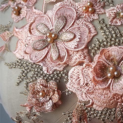 Зизм Шампањ розова чипка ткаенина 3Д цвеќиња мониста Rhinestones Везени везени наметка за венчавки Апликации Декорација шива лепенка