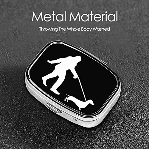 Bigfoot Walking Dachshund Square Mini Pill Box Travel Medical Metal Metal Tell Case со огледало