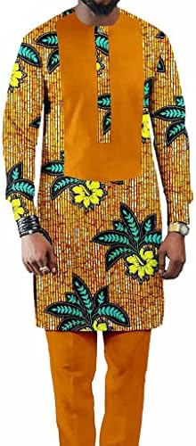 Африкански традиционални мажи цветни печатени блузи, пантолони 2 парчиња, долги ракави племенски облеки Dashiki tranksuit восок