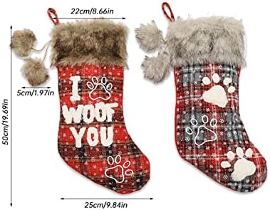 Куче Божиќно порибување 20 инчи биволи карирани Божиќни чорапи плишани манжетни Божиќни висечки чорапи со писмо и куче за Божиќна