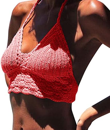 PMMQRRKUU жени лето плетено врвот на блуза бикини резервоарот Топ длабоко V вратот кошула секси камизола без ракави култури врвни култури