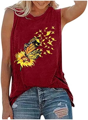 OPLXUO Women'sенски сончоглед Графички резервоар за пеперутки врвови кошули лето плус големина кошули без ракави смешни печатени обични врвови