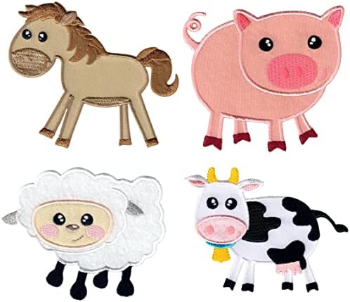 Patchmommy Iron на закрпи сет од 4 фарми животни - овци, крави, свињи и коњи - Апликации за детски фармерки, јакни, ранци