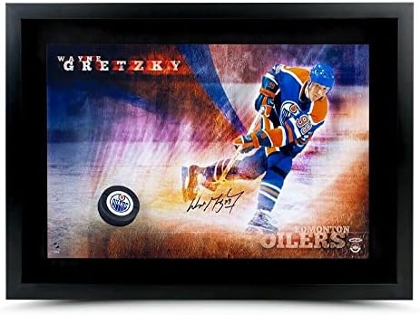 Вејн Грецки автограмираше 16x24 Фото Пак Шак Шак шут пробивајќи низ Oilers UDA - Автограмирани фотографии од NHL