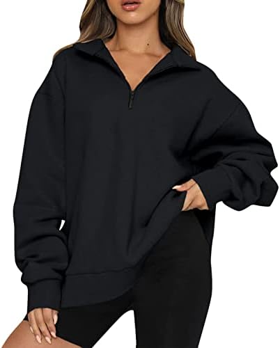 Преголема маичка за жени трендовски, гроздобер долг ракав половина патент нагоре солиден пуловер пад џемпери за девојчиња