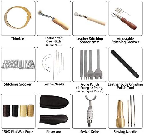 Комплет за алатки за внатрешен двор, алатки за работа од 52 парчиња, поставени со Prong Panch Edge Beveler Patch Patch за зашивање