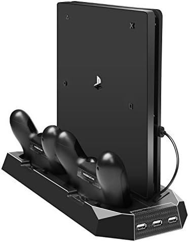 CPPSLEE PS4 Контролер Полнач Тенок Вертикален Држач За Ладење Вентилатор Со Двојна Контролер Полнач, Станица За Полнење + 3 Дополнителни Порти