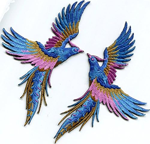 Феникс феникс птици азурно сино розово злато везени апликации железо-на закрпи Пар С-1338