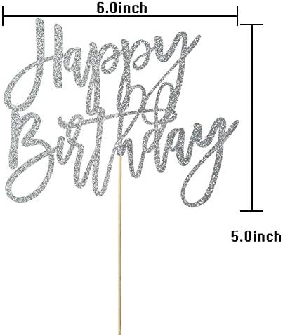 Среќен роденден за торта за торта за роденденски украси за роденденска забава, снабдува сребрен сјај