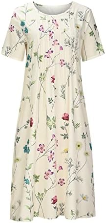 Флорални печати бохо фустани за жени предни плетени летни летни миди маички фустани со краток ракав замав фустан со џебови