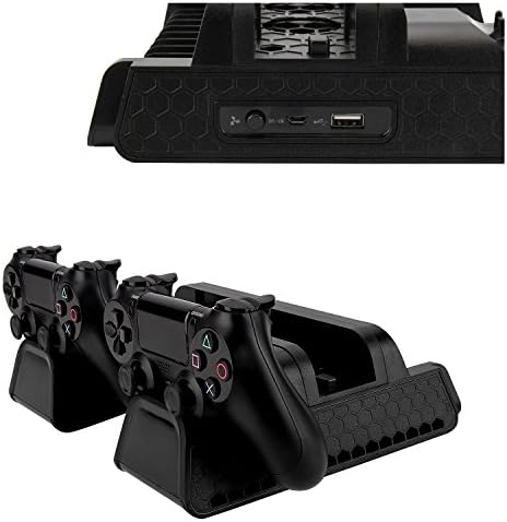 Вертикална штанд Mekuula за PS4 / PS4 SLIM / PS4 PRO, вертикален штанд со 3 вентилатори за ладење и двоен контролер за полнење