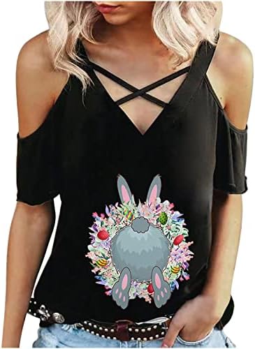 Women'sенски V врат врвови летни кратки ракави маица Велигденски симпатични кошули за печатење на зајаци секси ладно рамо маица