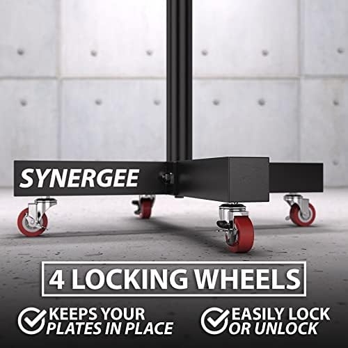 Synergee Олимписка плоча за тежини. Стабилна решетка за тежина со тркала. Има 2 ”плочи за кревање на електрична енергија и олимписко тежина. Складирање