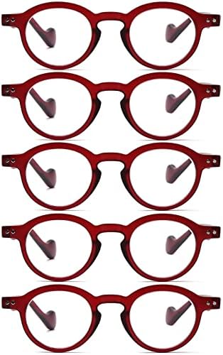 5 пакувања за читање очила мажи жени ретро тркалезни пролетни шарки лесни читатели +1,5 удобни презбиопични очила црвена