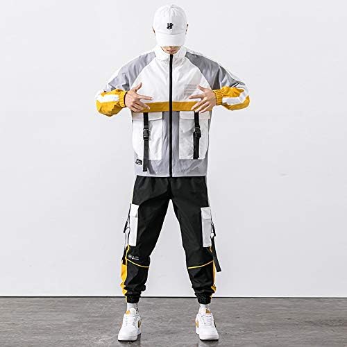 Ixyhpjp хип хоп работна облека јакна Менскусит јакна+панталони 2 парчиња сетови Бејзбол лабава патент палто и долги панталони мажи
