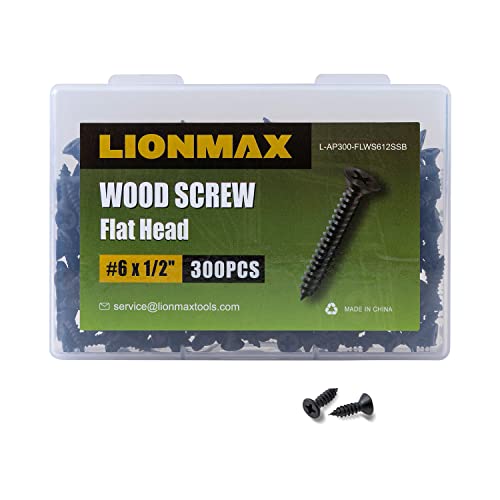 Linmax 6 x 1/2 црни завртки од дрво од не'рѓосувачки челик со рамна глава, 300 парчиња, pH -погон, целосни навои, отпорни на 'рѓа,