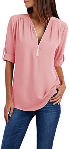 Врвови за женски моден патент v-врат кошули за пулвер, дами копче долги ракави маички лабава обична шифонска маица