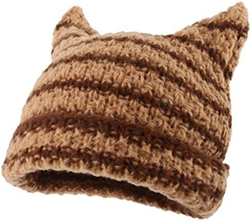 Womenените шарени капачиња со малку ѓавол рог зимско топло капаче симпатична мачка уши плетена капа пад