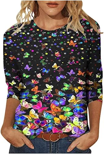 Дами 2023 3/4 ракав памучен брод врат цветна графичка среќна салон за подароци блуза маичка за тинејџери за тинејџери wp