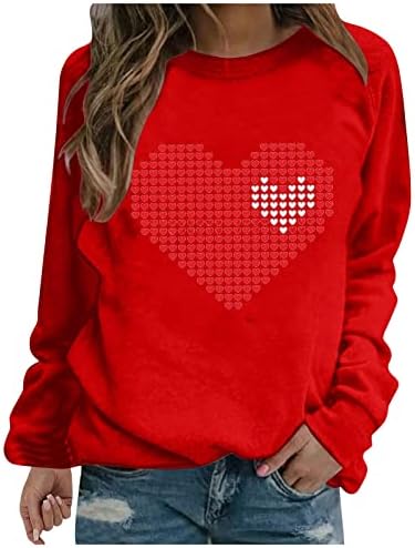 Jjhaevdy Ден на в Valentубените кошули жени графички влечења Loveубов срце писмо печатење џемпер за џемпери на екипажот на екипажот на