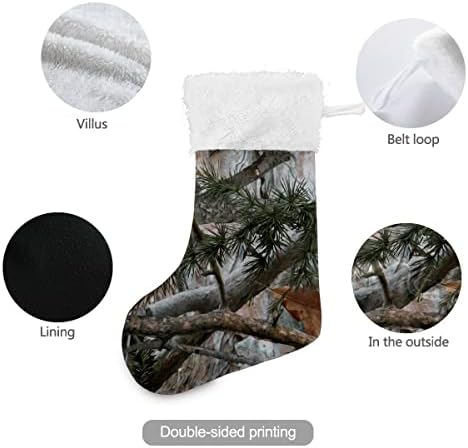 Божиќни чорапи Камо ретро рустикално листово дрво бело плишано манжетно манжетно со кадифено семејство, персонализиран голем