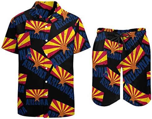 Аризона знаме за машка облека од 2 парчиња плажа на Хавајски копче надолу со кошула со кратки ракави и шорцеви костуми