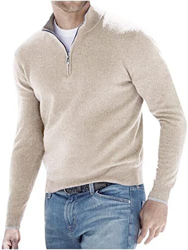 Мажите Kbndieu паѓаат пулвер со долг ракав, модна волна џемпер стојат јака цврста плетена маичка тенок фит фланел кошули