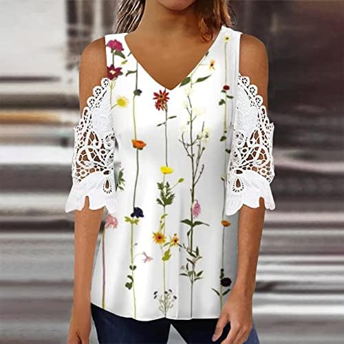 Врвови на култури за жени чипка чипка кратки ракави блузи V вратот маица печатење на обични врвови термички снежни кошули жени жени