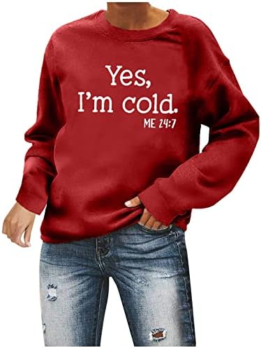 Да, јас сум ладно писмо печати врвови женски трендовски џемпер плус големина о-врат пуловер дами со долг ракав, лежерна маичка со