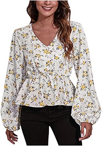 Женски V врат кошула Фенер со долг ракав, врвен еластичен половината модна печатење шифон блуза фустани маички кошули